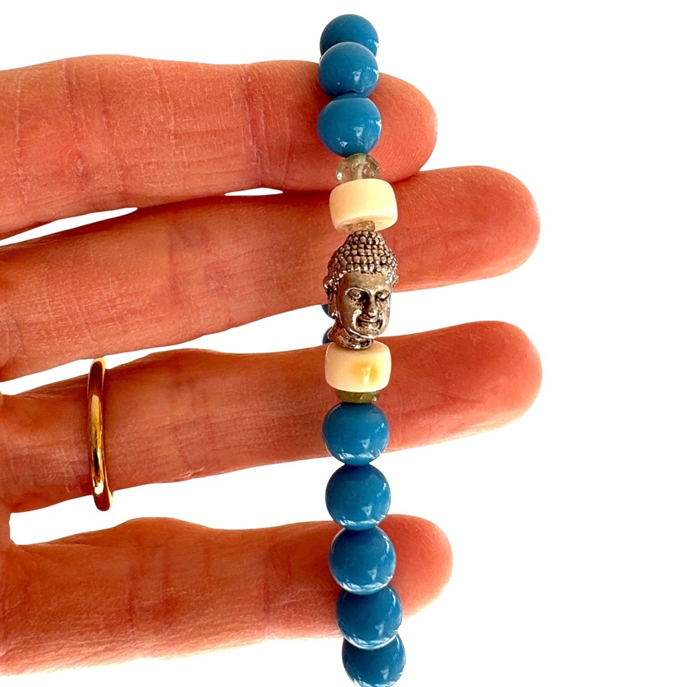 bracelet silver buddha head 3D charm blue beads green ivory stretch handmade